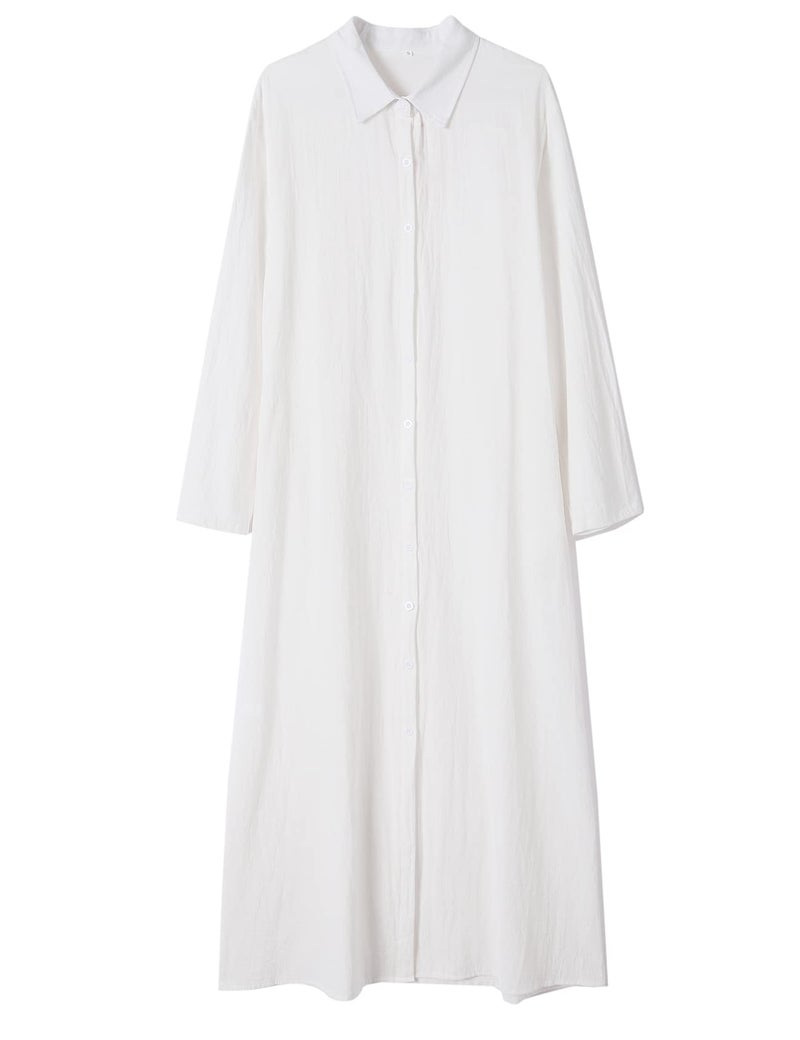 Ladyful Women's Button Down Cotton Linen Shirt Dress Long Sleeve Maxi Shirtdress Beach Summer Dress Pockets White - Image 4